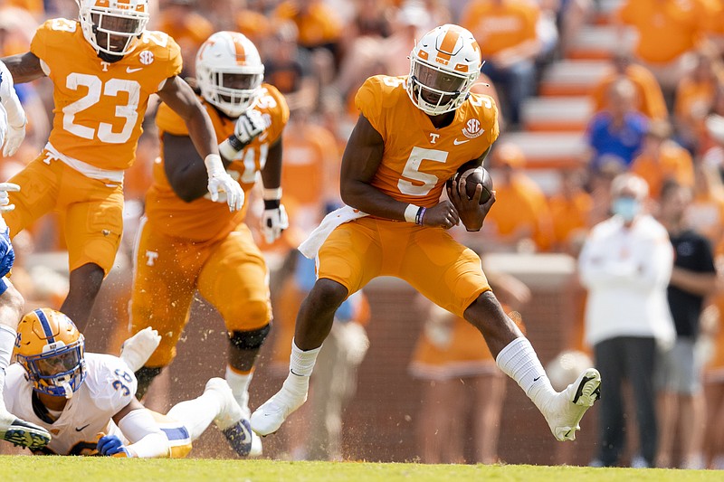 Tennessee Athletics photo by Andrew Ferguson / Tennessee quarterback Hendon Hooker rushed nine times for 49 yards to complement his 15-for-21, 188-yard passing performance during Saturday afternoon's 41-34 loss to Pittsburgh.