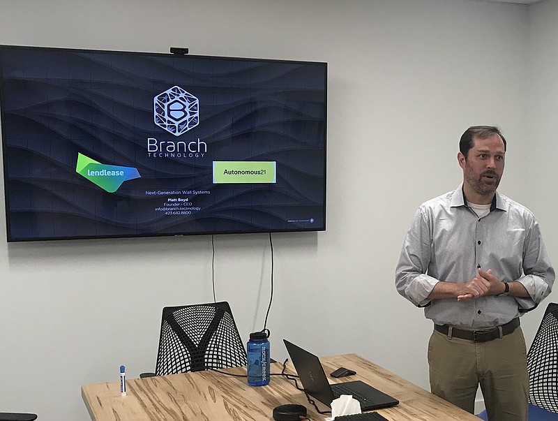 Photo by Dave Flessner / Platt Boyd, founder and CEO of Branch Technologies, outlines plans for the company's growth after receiving a $300,000 state grant on Monday