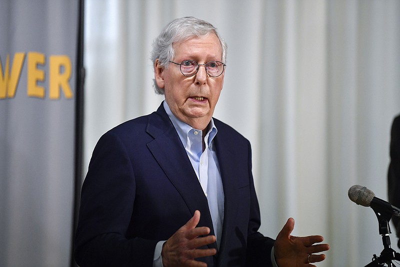 AP Photo/Timothy D. Easley / Senate Minority Leader Mitch McConnell of Kentucky speaks to reporters about Afghanistan during a news conference in Louisville on Aug. 16, 2021.
