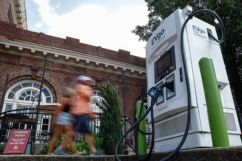 Staff photo by Troy Stolt / An "EVGO" electric vehicle charging station is seen outside of the Chattanooga Choo Choo this month.