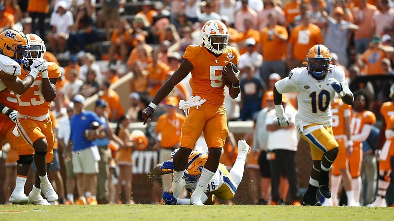 Tennessee Athletics photo by Andrew Ferguson / Tennessee backup quarterback Hendon Hooker rushed nine times for 49 yards after replacing injured starter Joe Milton during last Saturday's 41-34 home loss to Pittsburgh.
