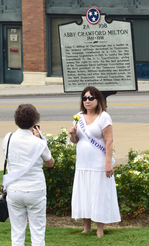 Staff Photo by Robin Rudd / League members have their photo made in front of Milton's marker. The League of Women Voters of Chattanooga held a dedication ceremony on Friday, Sept. 17, 2021, to celebrate suffragist Abby Crawford Milton's work across the state for passage of the 19th amendment, ultimately winning women the right to vote. The ceremony was held in Philips Park at the corner of McCallie and Georgia Avenues where Milton's historical marker stands. The celebration included the installation of a plaque and park bench donated by the league.