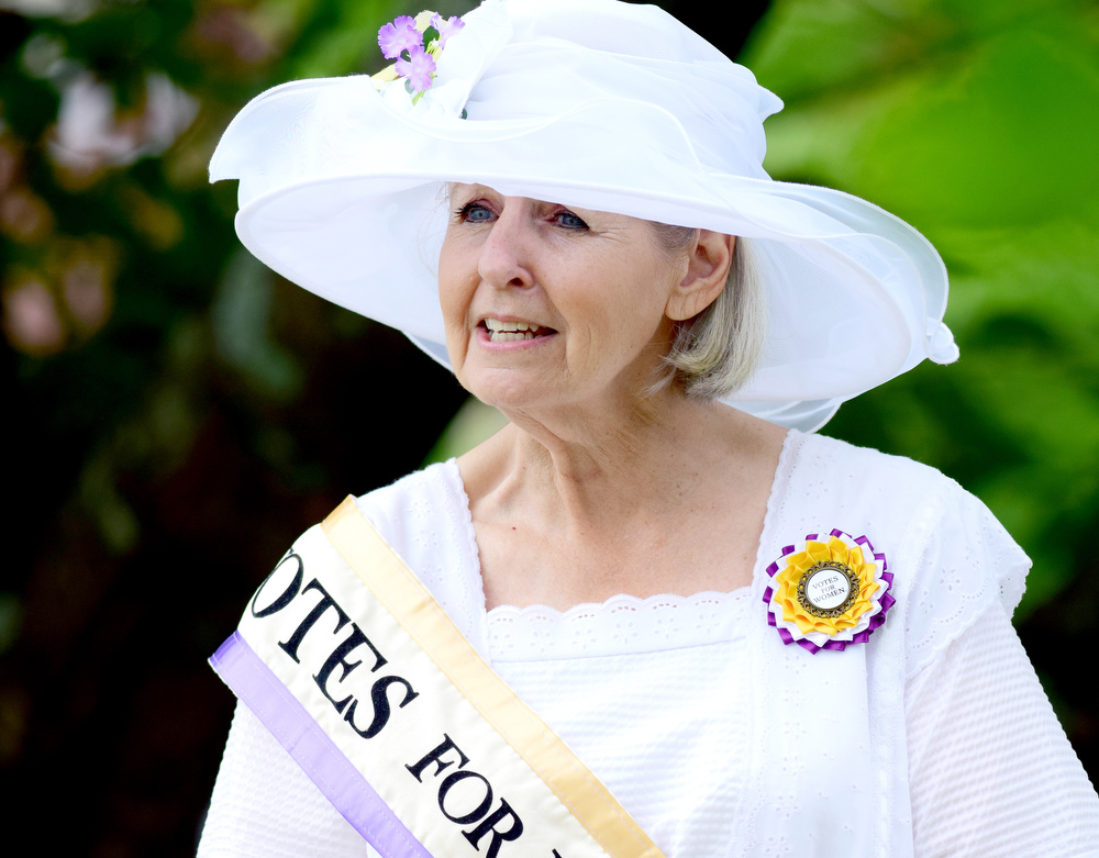 Staff Photo by Robin Rudd / Hamilton County Historian Linda Moss Mines portrays Abbe Crawford Milton at the ceremony. The League of Women Voters of Chattanooga held a dedication ceremony on Friday, Sept. 17, 2021, to celebrate suffragist Abby Crawford Milton's work across the state for passage of the 19th amendment, ultimately winning women the right to vote. The ceremony was held in Philips Park at the corner of McCallie and Georgia Avenues where Milton's historical marker stands. The celebration included the installation of a plaque and park bench donated by the league.
