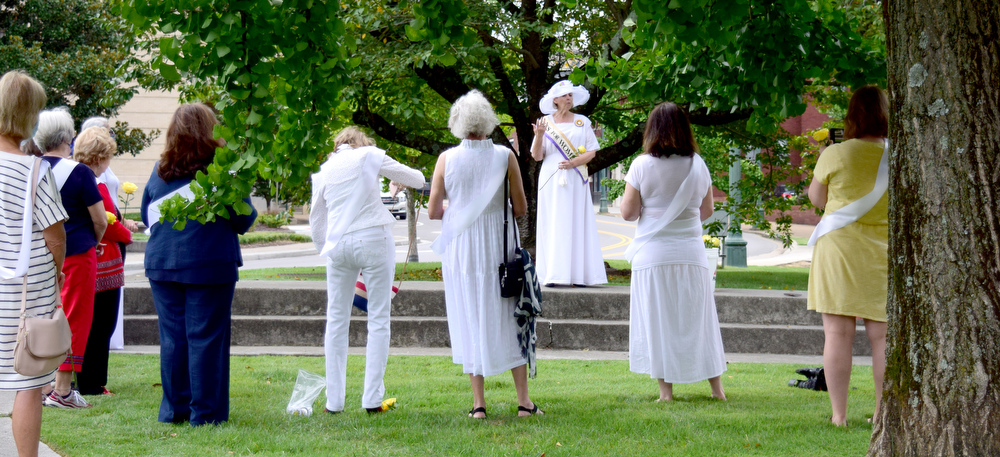 Staff Photo by Robin Rudd / Hamilton County Historian Linda Moss Mines portrays Abbe Crawford Milton at the ceremony. The League of Women Voters of Chattanooga held a dedication ceremony on Friday, Sept. 17, 2021, to celebrate suffragist Abby Crawford Milton's work across the state for passage of the 19th amendment, ultimately winning women the right to vote. The ceremony was held in Philips Park at the corner of McCallie and Georgia Avenues where Milton's historical marker stands. The celebration included the installation of a plaque and park bench donated by the league.