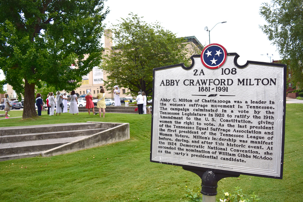 Staff Photo by Robin Rudd / The League of Women Voters of Chattanooga held a dedication ceremony on Friday, Sept. 17, 2021, to celebrate suffragist Abby Crawford Milton's work across the state for passage of the 19th amendment, ultimately winning women the right to vote. The ceremony was held in Philips Park at the corner of McCallie and Georgia Avenues where Milton's historical marker stands. The celebration included the installation of a plaque and park bench donated by the league.