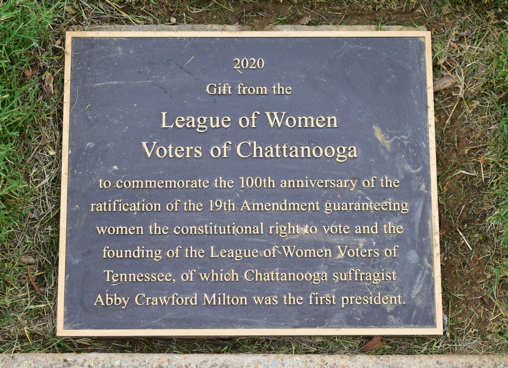 Staff Photo by Robin Rudd / The League of Women Voters of Chattanooga held a dedication ceremony on Friday, Sept. 17, 2021, to celebrate suffragist Abby Crawford Milton's work across the state for passage of the 19th amendment, ultimately winning women the right to vote. The ceremony was held in Philips Park at the corner of McCallie and Georgia Avenues where Milton's historical marker stands. The celebration included the installation of a plaque and park bench donated by the league.