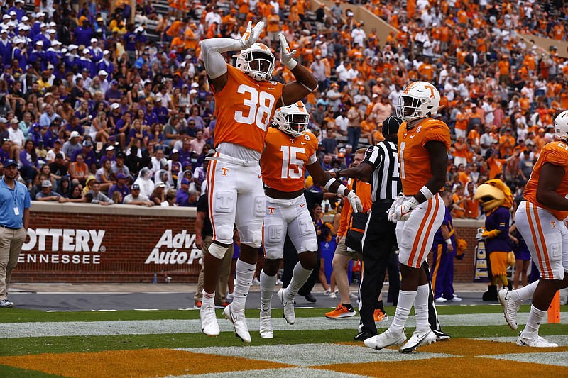 Tennessee Athletics photo / Tennessee fifth-year senior linebacker Solon Page (38) celebrates his 31-yard interception return for a touchdown during Saturday's 56-0 win over Tennessee Tech.