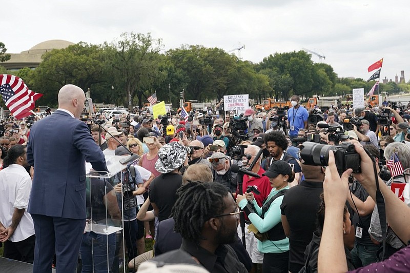 Matt Braynard, the organizer behind the rally and a former Trump campaign staffer, speaks during the rally near the U.S. Capitol in Washington, Saturday, Sept. 18, 2021. The rally was aimed at supporting the so-called "political prisoners" of the Jan. 6 insurrection at the U.S. Capitol. (AP Photo/Alex Brandon)

