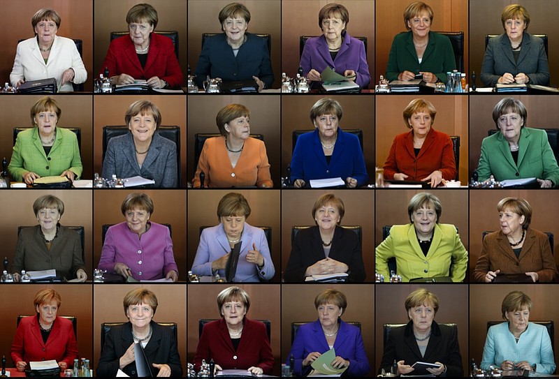 FILE - In this combo from file photos taken between 2009 and 2016 German Chancellor Angela Merkel is shown wearing her iconic blazers in different colors, as she leads the weekly cabinet meeting at the chancellery in Berlin. Angela Merkel, Germany's first female chancellor, has been praised by many for her pragmatic leadership in a turbulent world and celebrated by some as a feminist icon. But a look at her track record in fighting gender inequality in 16 years running Germany reveals missed opportunities in promoting women's issues. (AP Photos/Markus Schreiber, file)