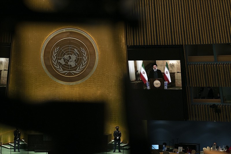 Iran's President President Ebrahim Raisi remotely addresses the 76th session of the United Nations General Assembly in a pre-recorded message, Tuesday, Sept. 21, 2021 at UN headquarters. (Eduardo Munoz/Pool Photo via AP)