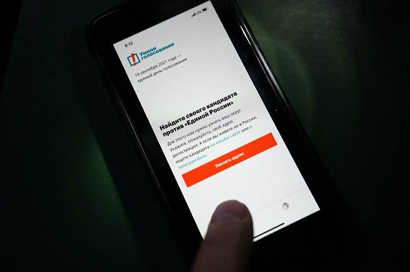 FILE - In this Friday, Sept. 17, 2021 file photo, The app Smart Voting is displayed on an iPhone screen in Moscow, Russia. (AP Photo/Alexander Zemlianichenko, File)


