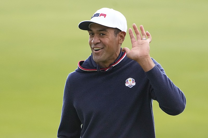 AP photo by Jeff Roberson / Tony Finau gestures on the sixth hole during the U.S. team's practice Thursday at Whistling Straits in Sheboygan, Wis., ahead of the 43rd Ryder Cup, which starts Friday.