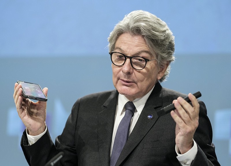 European Commissioner for Internal Market Thierry Breton speaks during a media conference on a common charging solution for mobile phones at EU headquarters in Brussels, Thursday, Sept. 23, 2021. (AP Photo/Thierry Monasse)


