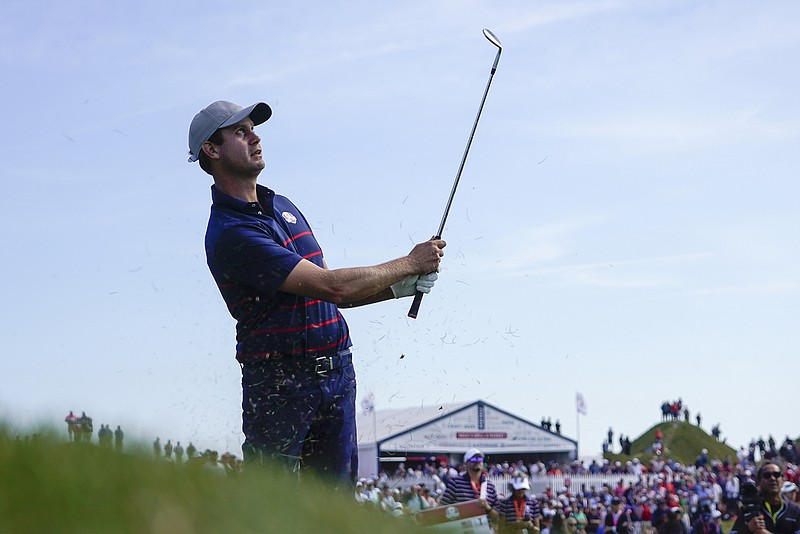 AP photo by Jeff Roberson / Baylor School graduate Harris English hits to the fifth green at Whistling Straits during a fourballs match at the Ryder Cup on Friday in Sheboygan, Wis. English and partner Tony Finau helped the U.S. team lead Europe 6-2 after the first day of competition by winning their match against Shane Lowry and Rory McIlroy, 4 and 3.