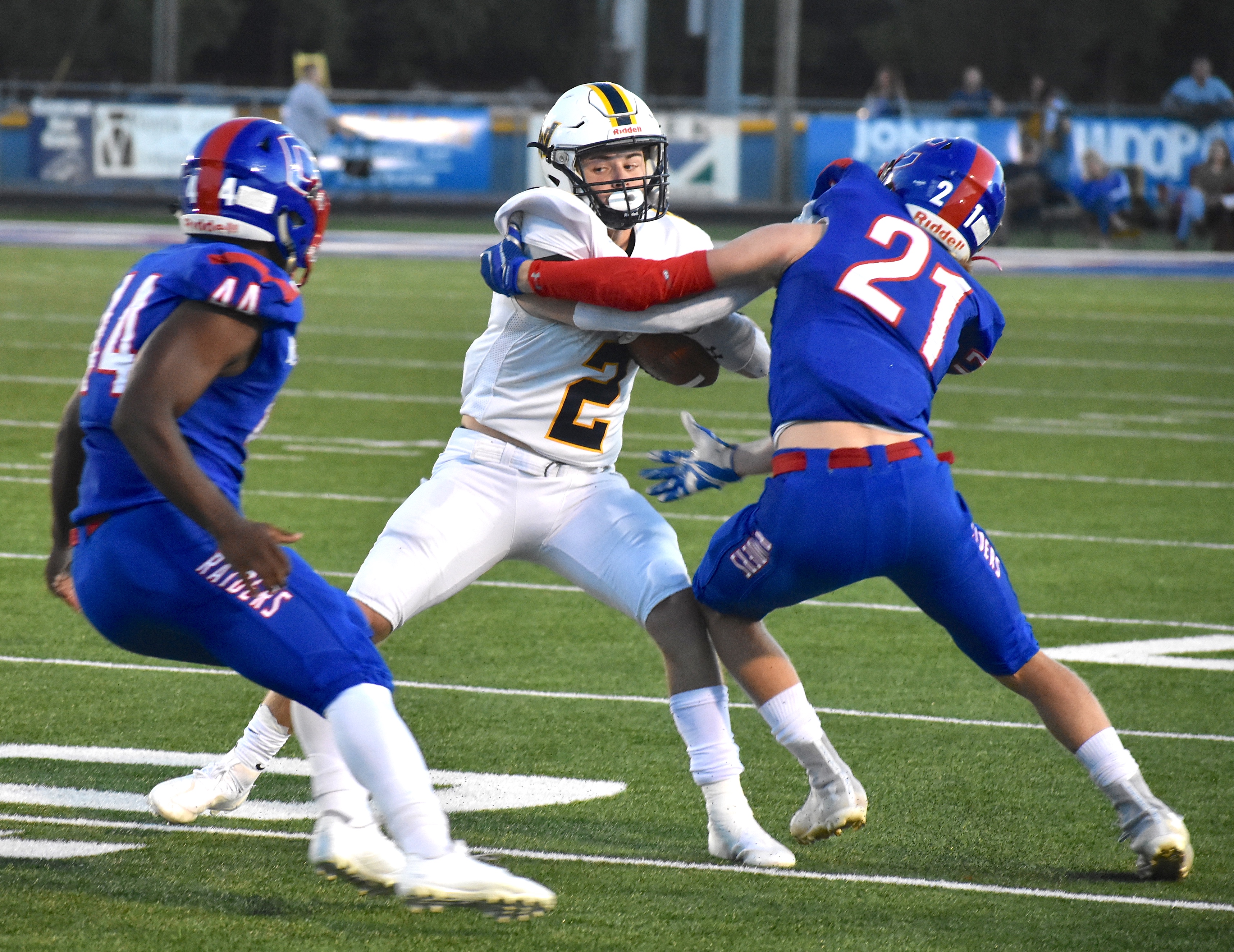 Staff photo by Patrick MacCoon / Cleveland senior Tate O'Bryan and the Blue Raider defense was lights out in a 38-0 shutout of Walker Valley at home Friday night.