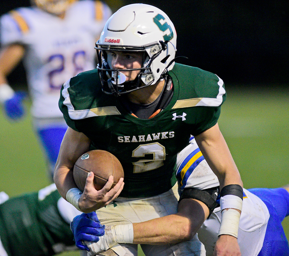 Staff Photo by Robin Rudd / Silverdale's Turner Junkins (2) picks up yards after a pass reception. The Silverdale Academy Seahawks hosted the Donelson Christian Academy Bobcats in TSSAA football on September 24, 2021.