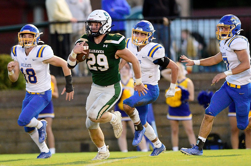 Staff photo by Robin Rudd / Silverdale Baptist Academy's Connor Delashmitt (29) breaks free for a long touchdown run Friday night against Donelson Christian Academy. Delashmitt had two touchdown runs and two touchdown catches in the game.