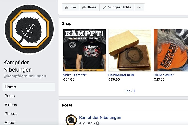 This image captured from the Battle of the Nibelungs Facebook page on Friday, Sept. 24, 2021 shows items for sale featuring the right-wing extremist group's name and logo. The Battle of the Nibelungs, or Kampf der Nibelungen, is the premiere martial arts brand in Europe for right-wing extremists. German authorities have twice banned their signature tournament. But the group still maintains multiple pages on Facebook, Instagram and YouTube, which they use to spread their ideology, draw in recruits and make money. (AP Photo)


