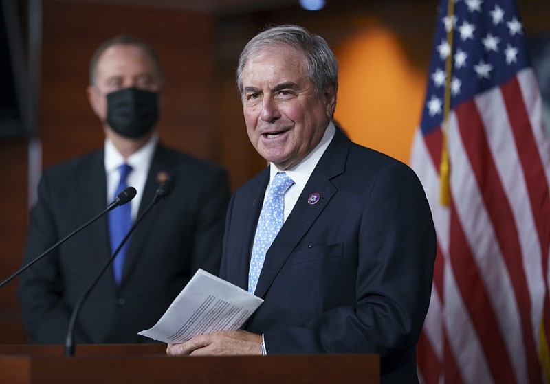 FILE - In this Sept. 21, 2021, file photo House Budget Committee Chair John Yarmuth, D-Ky., joined at left by House Intelligence Committee Chairman Adam Schiff, D-Calif., talks to reporters at the Capitol in Washington. (AP Photo/J. Scott Applewhite, File)


