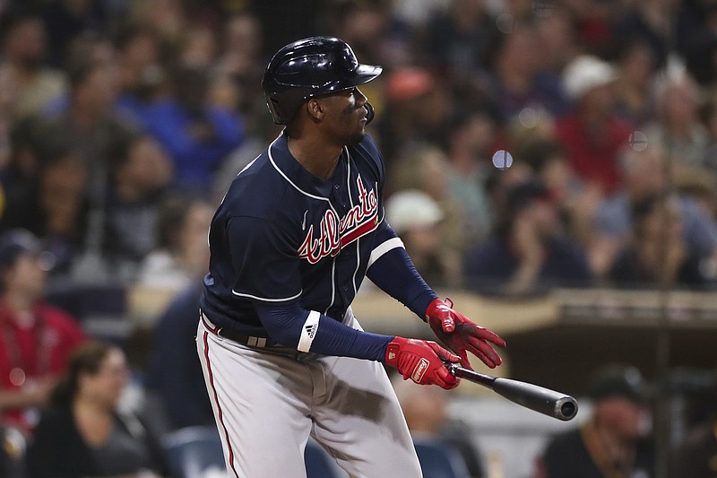 AP photo by Derrick Tuskan / The Atlanta Braves' Jorge Soler watches his RBI double against the San Diego Padres in the 10th inning of Saturday night's game in California.