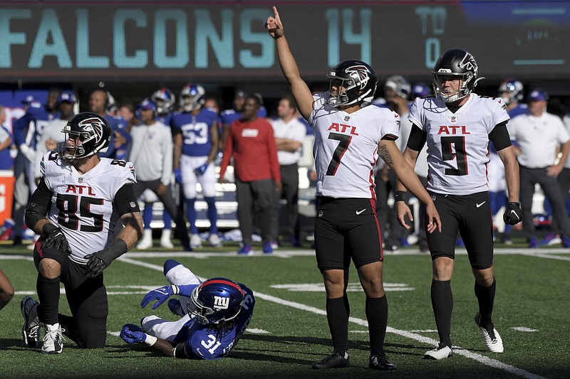 AP photo by Bill Kostroun / Atlanta Falcons kicker Younghoe Koo (7) celebrates after making the winning field goal at the end of Sunday's game against the New York Giants in East Rutherford, N.J.