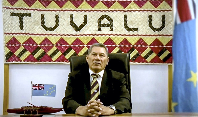 In this photo taken from video, Kausea Natano, Prime Minister of Tuvalu, remotely addresses the 76th session of the United Nations General Assembly in a pre-recorded message, Saturday Sept. 25, 2021 at UN headquarters. (UN Web TV via AP)