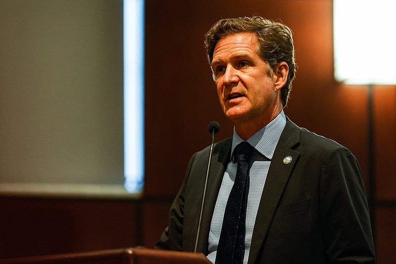 Staff photo by Troy Stolt / Chattanooga Mayor Tim Kelly speaks at the beginning of the 2021 city budget presentation inside of the City Council Chambers on Tuesday, Aug. 10, 2021 in Chattanooga, Tenn.