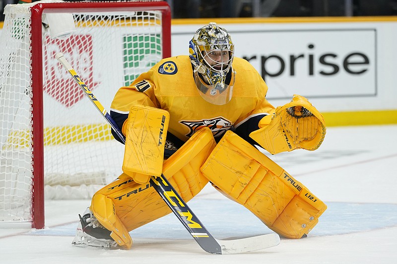 AP file photo by Mark Humphrey / Nashville Predators goaltender Juuse Saros, pictured, who had shared ice time with veteran Pekka Rinne in the past, has taken on the big role for the team after Rinne retired after last season.