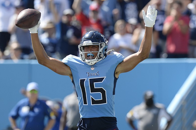AP photo by Mark Zaleski / Tennessee Titans wide receiver Nick Westbrook-Ikhine celebrates after scoring the first touchdown of his NFL career during Sunday's home win against the Indianapolis Colts.