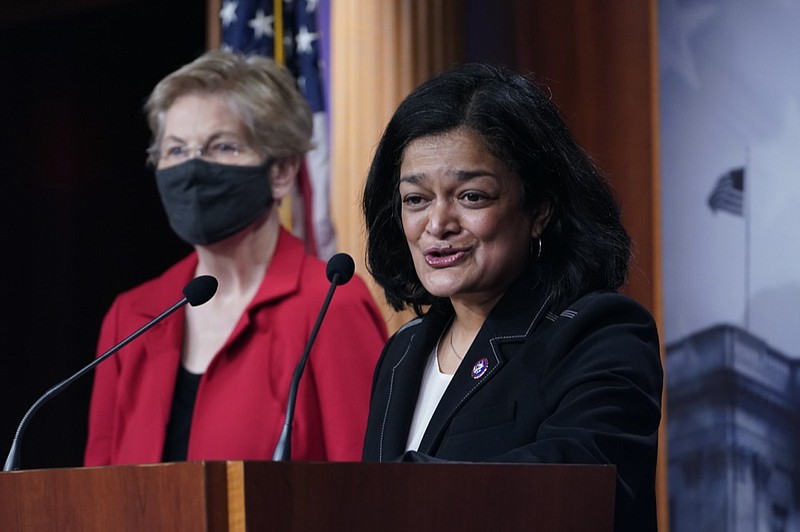 FILE - In this March 1, 2021, file photo Rep. Pramila Jayapal, D-Wash., right, with Sen. Elizabeth Warren, D-Mass., at left, speaks during a news conference on Capitol Hill in Washington. (AP Photo/Susan Walsh, File)


