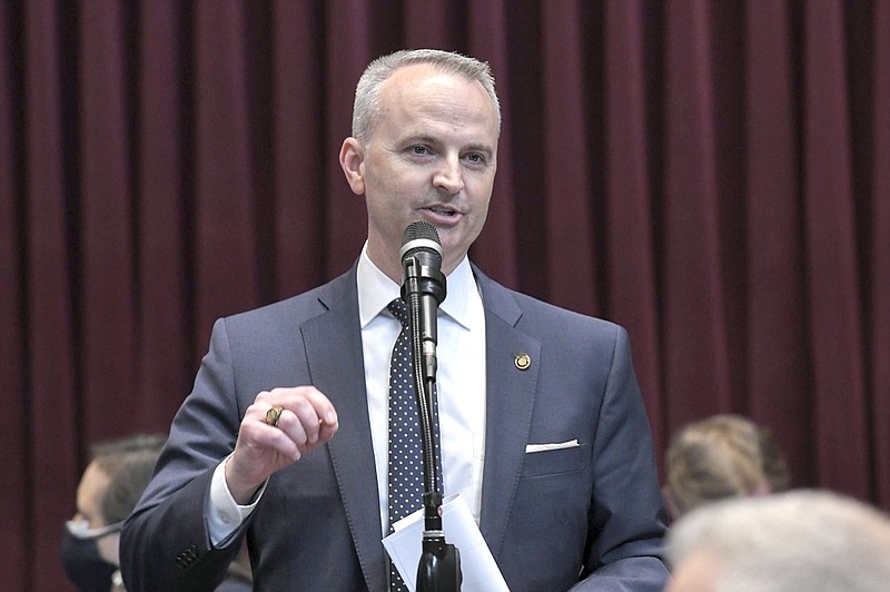 In this March 8, 2021 photo provided by the Missouri House of Representatives, Missouri state Rep. Doug Richey speaks during a House debate at the state Capitol in Jefferson City, Mo. Richey, a Republican, leads a House panel on federal stimulus spending. Richey said he is not convinced yet that Missouri needs to spend its full allotment of money from President Joe Biden's COVID-19 relief law, the American Rescue Plan. (Tim Bommel/Missouri House of Representatives via AP)

