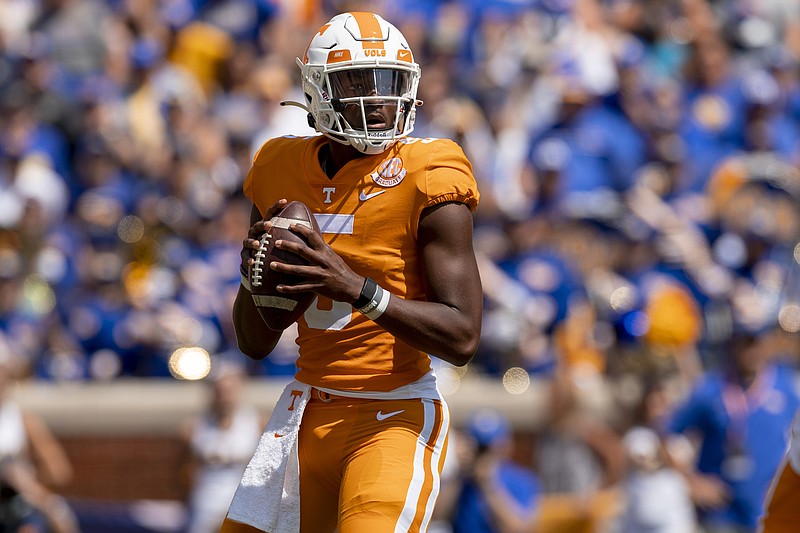 Tennessee Athletics photo by Andrew Ferguson / Tennessee fifth-year senior quarterback Hendon Hooker began this season as Joe Milton's backup but now ranks among the nation's top five in passing efficiency.