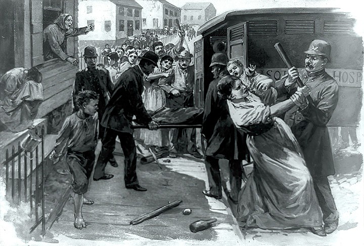 Vintage engraving depicts Milwaukee residents resisting the transfer of smallpox patients to the isolation hospital in 1894. / Getty Images/iStock/Keith Lance