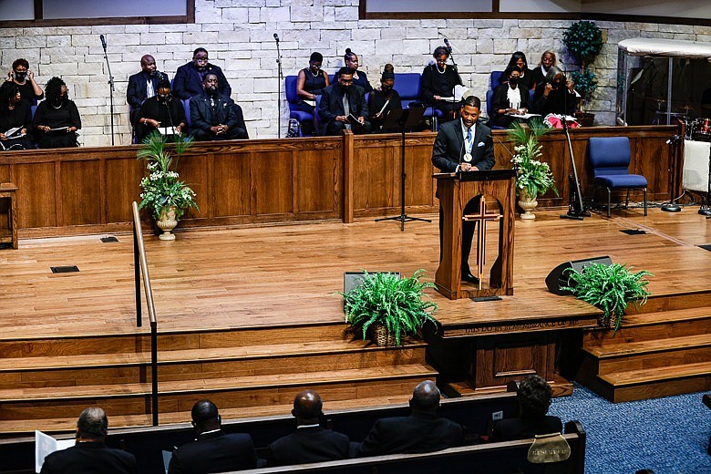 Staff photo by Troy Stolt / Rev. Dr. Ernest Reid Jr. speaks during a memorial service for Rev. Paul McDaniel at Second Missionary Baptist Church on Thursday, Oct. 7, 2021 in Chattanooga, Tenn.