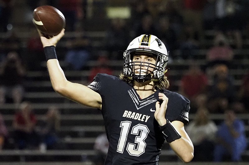Staff file photo / Bradley Central quarterback Aiden McClary accounted for 240 yards and two touchdowns in the Bears' 35-6 win Friday night at Ooltewah.