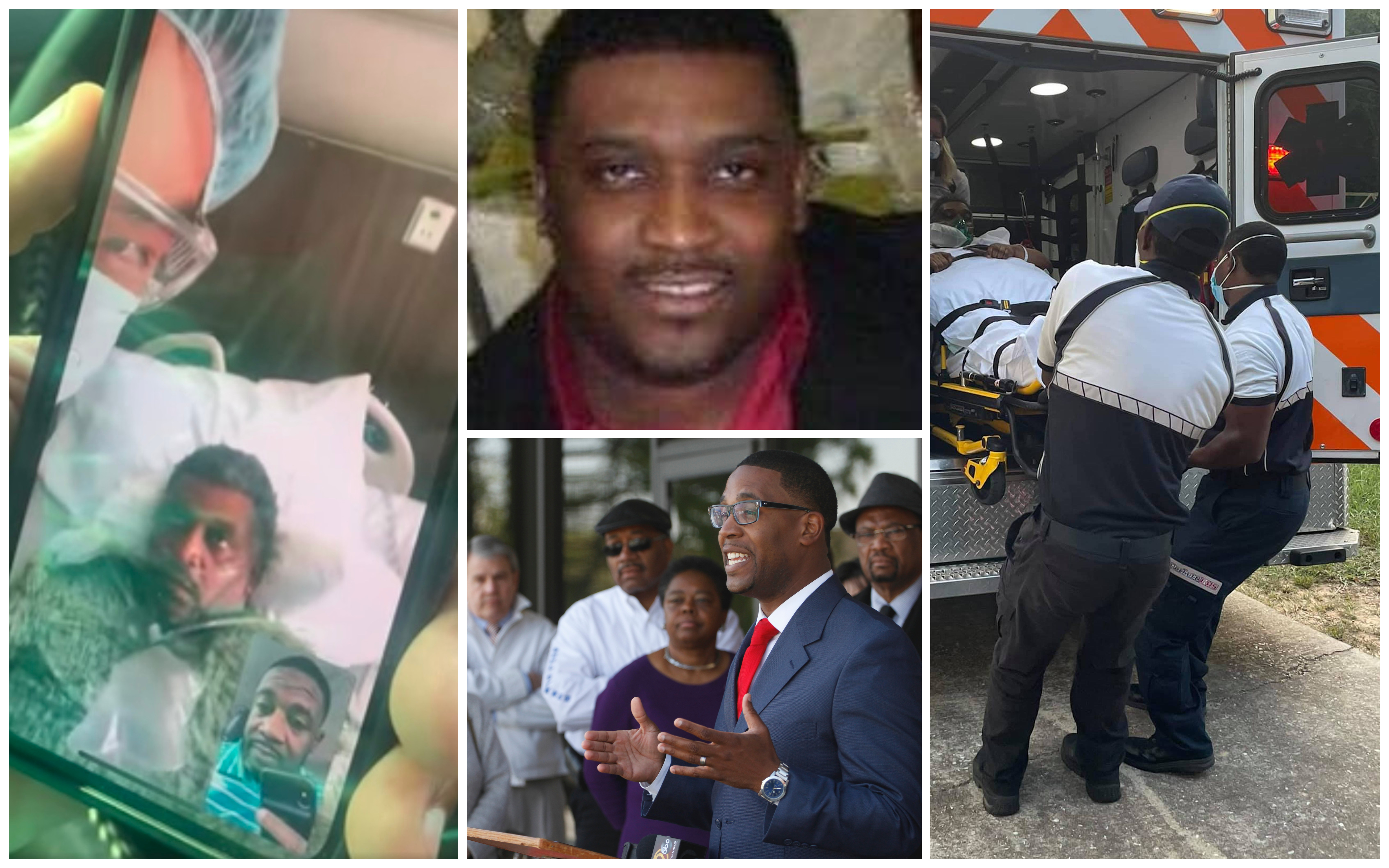 Photo collage by Colin Stewart / Marlon Hampton, upper center in a contributed photo, died from COVID-19 on Oct. 6, 2021. His brother Patrick Hampton, bottom center in a 2014 Times Free Press file photo, advocated for his brother's medical care during a stay at Erlanger East Hospital. The Hamptons decided to stop treatment at the hospital against the doctor's orders and try unproven treatments at home. Photos on the far left, upper center and far right contributed by Patrick Hampton.