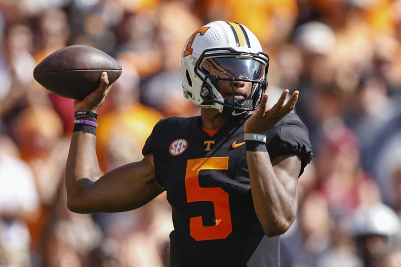 AP photo by Wade Payne / Tennessee quarterback Hendon Hooker throws during the first half of Saturday's home game against South Carolina. Hooker threw three touchdown passes and ran for another score as the Vols beat the Gamecocks 45-20.