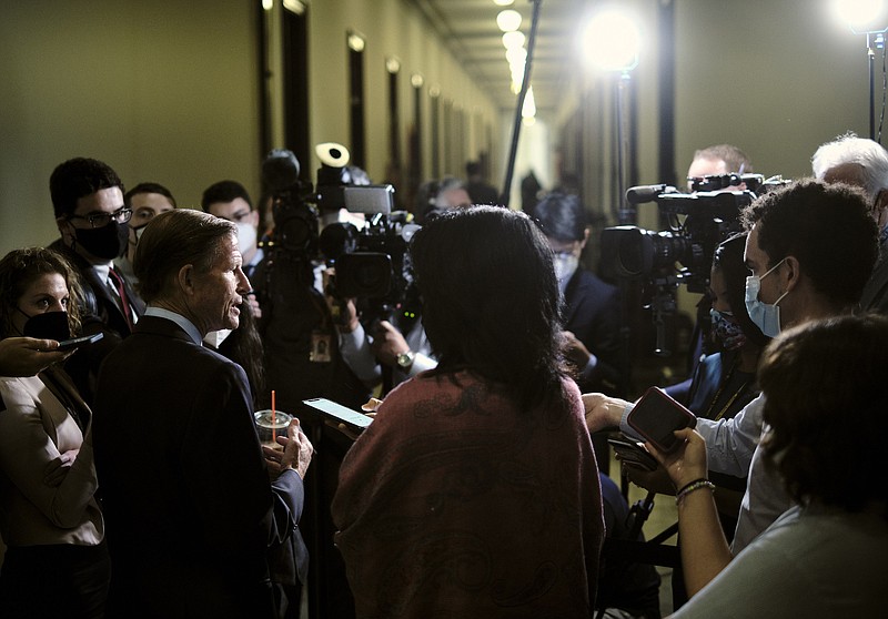 Photo by T.J. Kirkpatrick of The New York Times / Sen. Richard Blumenthal, D-Conn., speaks to reporters after Frances Haugen, a former Facebook employee and whistleblower, testified in Washington, Oct. 5, 2021.