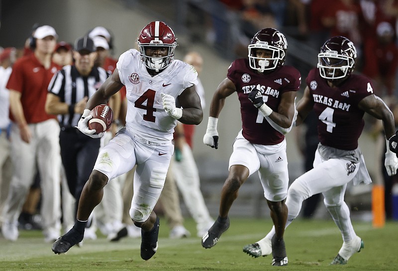 Alabama photo by Kent Gidley / Alabama fifth-year senior running back Brian Robinson Jr. rushes for some of his 147 yards in last Saturday night's loss at Texas A&M.
