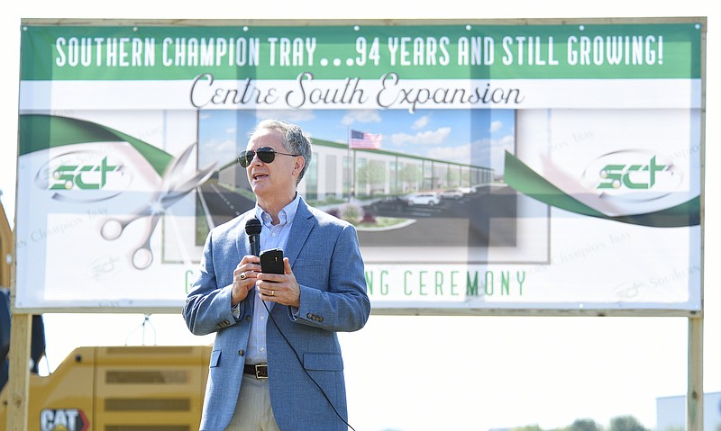 Staff Photo by Matt Hamilton / CEO John Zeiser speaks at the new facility location at Centre South Riverport on Wednesday. Southern Champion Tray held a groundbreaking event on Wednesday, October 13, 2021. 