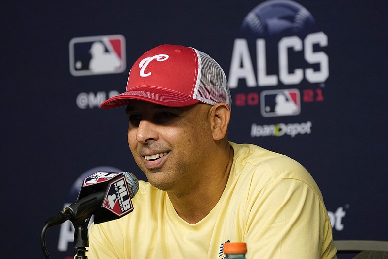 AP photo by Tony Gutierrez / Boston Red Sox manager Alex Cora smiles as he responds to questions during a news conference before Thursday's workout in Houston. The Red Sox and the Astros are set to open their AL Championship Series on Friday night in Houston.