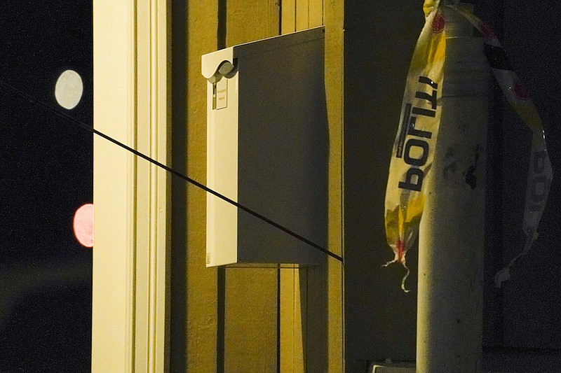 An arrow is seen in the wall after an attack in Kongsberg, Norway, Wednesday, Oct. 13, 2021. Several people have been killed and others injured by a man armed with a bow and arrow in a town west of the Norwegian capital, Oslo. (Terje Bendiksby/NTB Scanpix via AP)