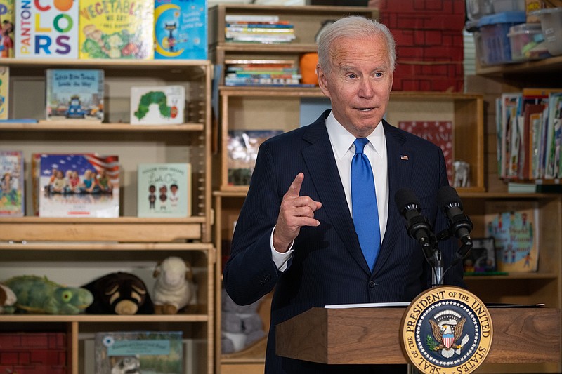 Photo by Sarahbeth Maney of The New York Times / President Joe Biden speaks at the Capitol Child Development Center in Hartford, Conn., on Friday, Oct. 15, 2021, as he promotes his "Build Back Better" agenda.