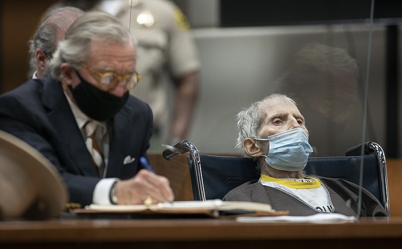 Robert Durst, seated with attorney Dick DeGuerin, is sentenced to life without possibility of parole for the killing of Susan Berman Thursday, Oct. 14, 2021 at the Airport Courthouse in Los Angeles. New York real estate heir Robert Durst was sentenced to life in prison without chance of parole for the murder of his best friend more that two decades ago. (Myung J. Chung/Los Angeles Times via AP, Pool)


