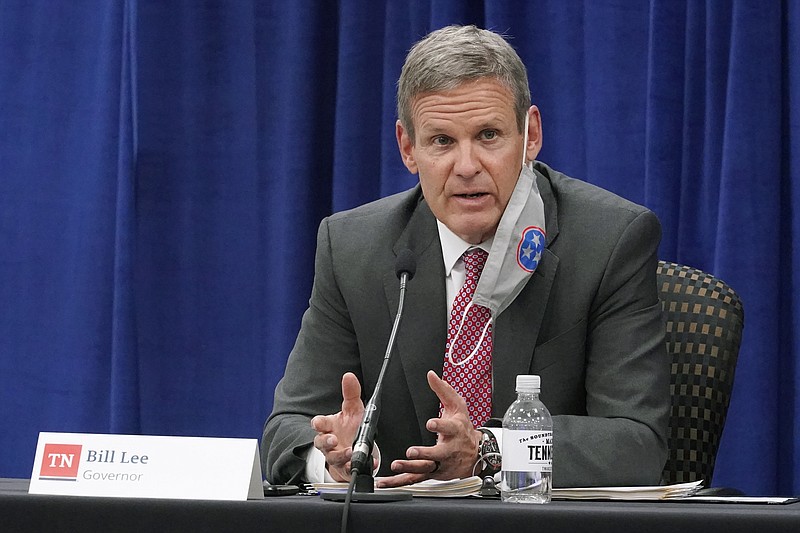 Gov. Bill Lee speaks during the Tennessee Higher Education Commission session of the state budget hearings on Nov. 10, 2020, in Nashville, Tenn. The health department in Tennessee's most populous county reinstituted a face mask requirement Wednesday, Aug. 18, 2021, for indoor public places such as restaurants, bars and other businesses as a surge in COVID-19 cases strains hospital resources and causes concern in schools. The announcement came two days after Lee issued an order allowing parents of K-12 students to opt out of mask requirements issued for schools. (AP Photo/Mark Humphrey, File)