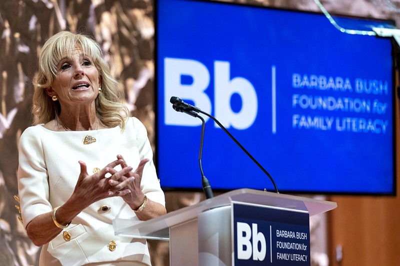 First lady Jill Biden speaks at the Barbara Bush Foundation for Family Literacy's National Summit on Adult Literacy at the Kennedy Center in Washington, Wednesday, Oct. 20, 2021. (AP Photo/Andrew Harnik)