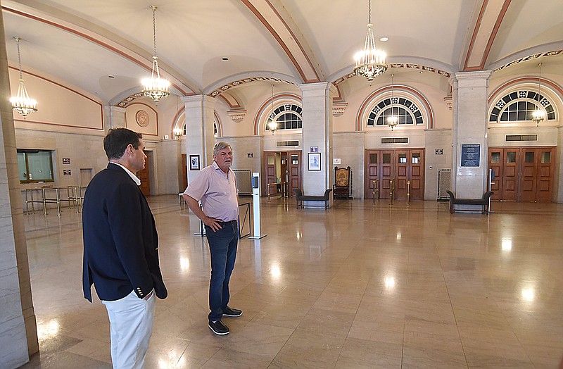 Staff Photo by Matt Hamilton / Executive director Nick Wilkinson, left, and general manager Dave Holscher look over some of the recent updates at the Soldiers and Sailors Memorial Auditorium on Thursday, June 10, 2021. The updates were done while the venue was shut down during the pandemic.