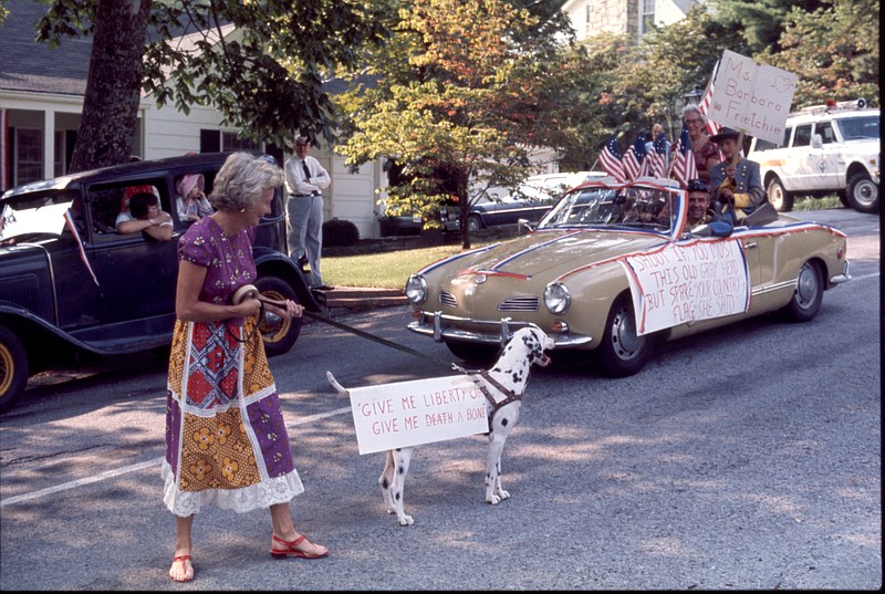 Lucy Thatcher joined the Labor Day Parade on Lookout Mountain with her Dalmatian in 1975. / News-Free Press Photo via ChattanoogaHistory.com.