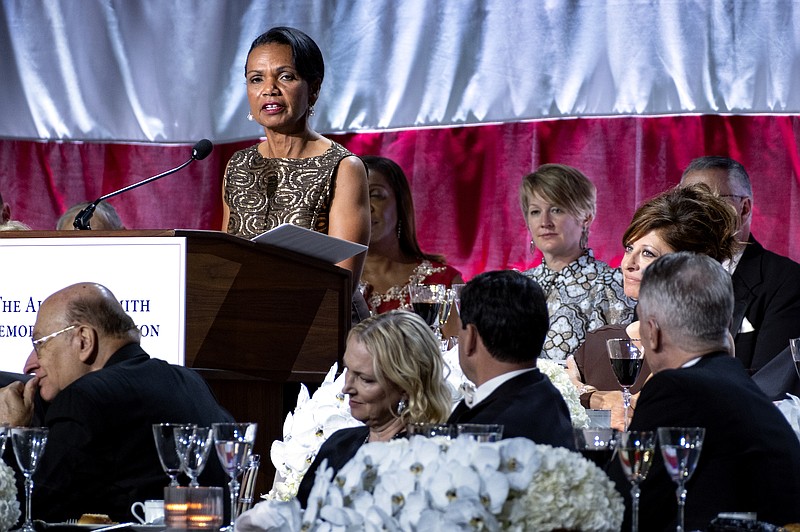 Photo by Craig Ruttle of The Associated Press / Keynote speaker former Secretary of State Condoleezza Rice addresses attendees at the 76th Annual Alfred E. Smith Memorial Foundation Dinner on Thursday, Oct. 21, 2021, in New York.