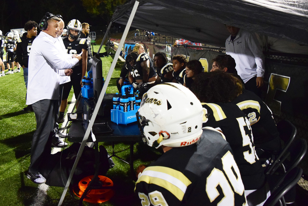 Staff Photo by Robin Rudd / Bradley Central head coach Damon Floyd instructs his defense on the sidelines. The Bradley Central Bears hosted the Rhea County Golden Eagles in a TSSAA football game on October 22, 2021.